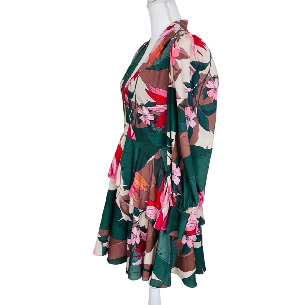 One 33 Social Green Tropical Floral Blouson-Sleeve Tiered Dress 6 - Picture 5 of 11